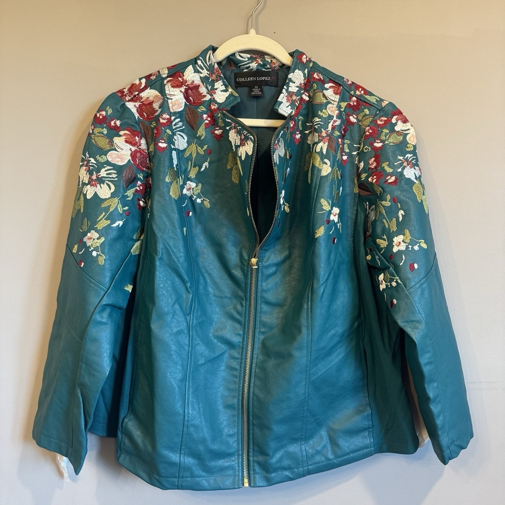 NEWColleen Lopez 2X Teal Faux Leather Moto Jacket Floral Embroidered Zip Sleeves